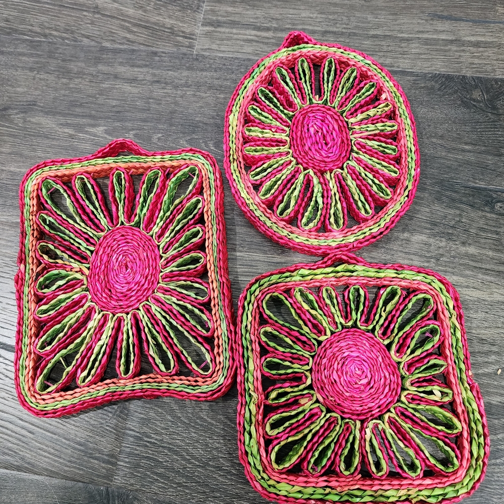 Set of 3 Vintage Boho Rattan Straw Trivets